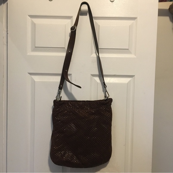 M0851 Brown Perforated Leather Crossbody Bag - Picture 2 of 12